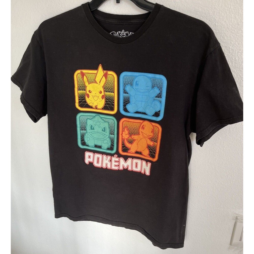 Pokemon Starters Kanto Neon Block Graphic Men’s T-Shirt Sz Large Black Hybrid